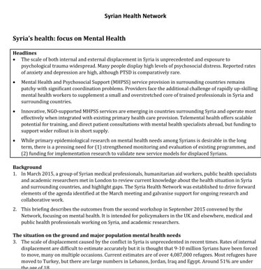 Syria’s health: focus on Mental Health